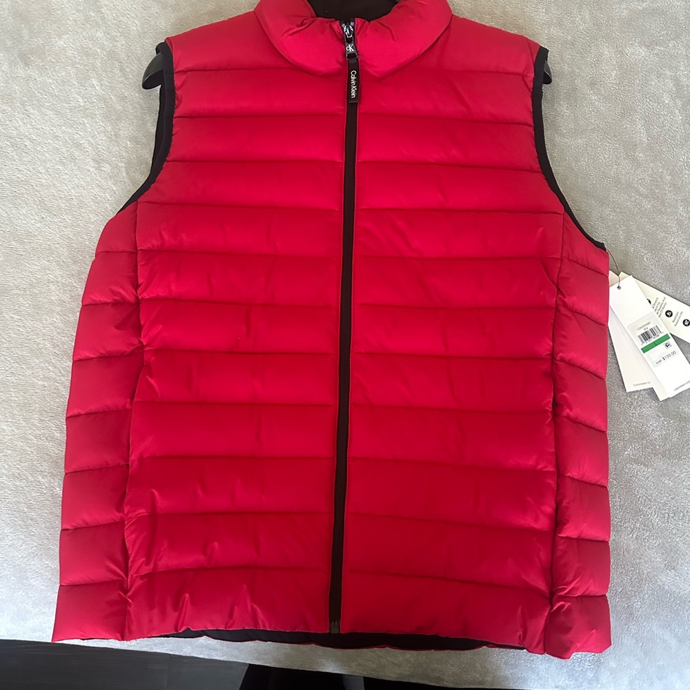 Calvin Klein Red Quilted Puffer Vest with Black Trim
